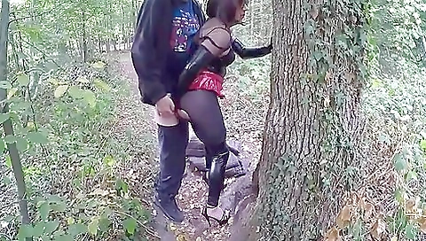 Nude brunette in sexy pants and pussy in the woods