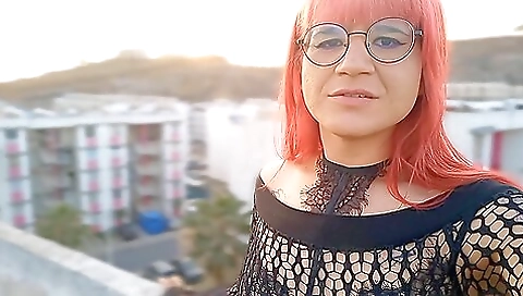 Latina in red stockings on the roof gets a creampie