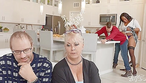 Big ass brunette and ebony pornstar fucking at the pool