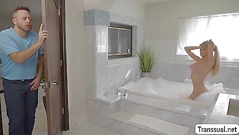 Bald man is going to fuck his new busty blonde friend