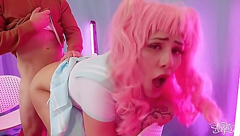 Red head with tattoos in doggy style and reverse sex